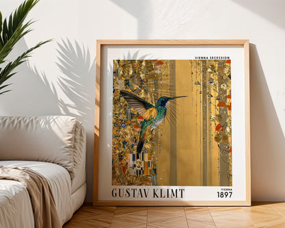 Gustav Klimt Style Hummingbird Print – Gold Botanical Square Art