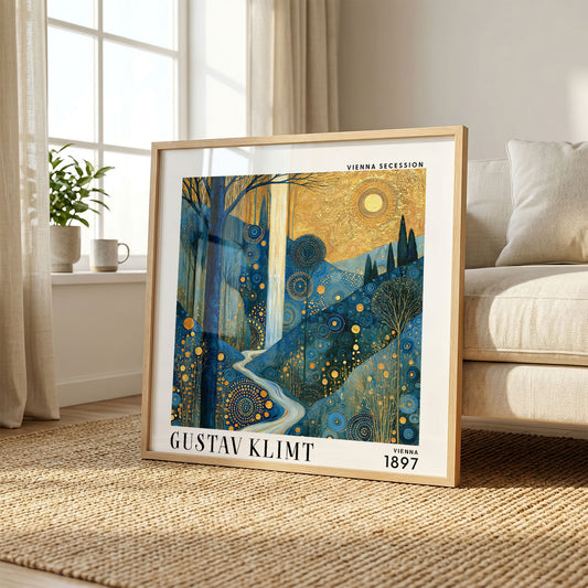 Gustav Klimt Style Golden Valley Waterfall Print – Blue Gold Square Art