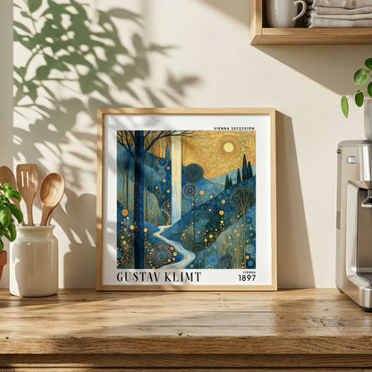 Gustav Klimt Style Golden Valley Waterfall Print – Blue Gold Square Art