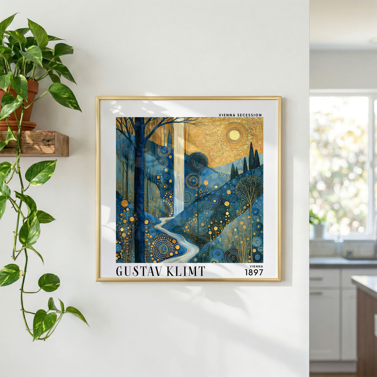Gustav Klimt Style Golden Valley Waterfall Print – Blue Gold Square Art