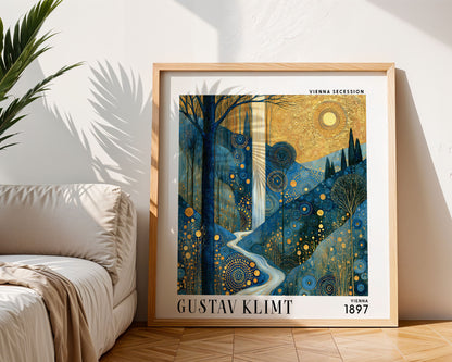 Gustav Klimt Style Golden Valley Waterfall Print – Blue Gold Square Art