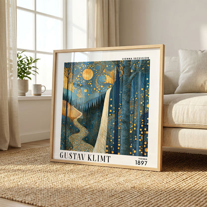 Gustav Klimt Style Moonlit Waterfall Print – Blue Gold Forest Square Art