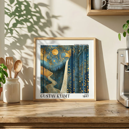 Gustav Klimt Style Moonlit Waterfall Print – Blue Gold Forest Square Art