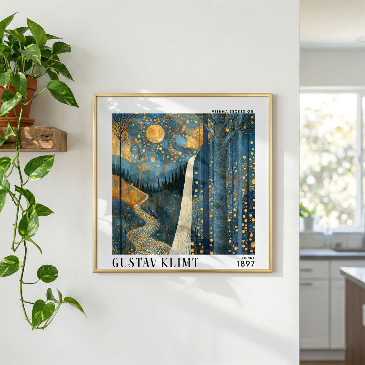 Gustav Klimt Style Moonlit Waterfall Print – Blue Gold Forest Square Art