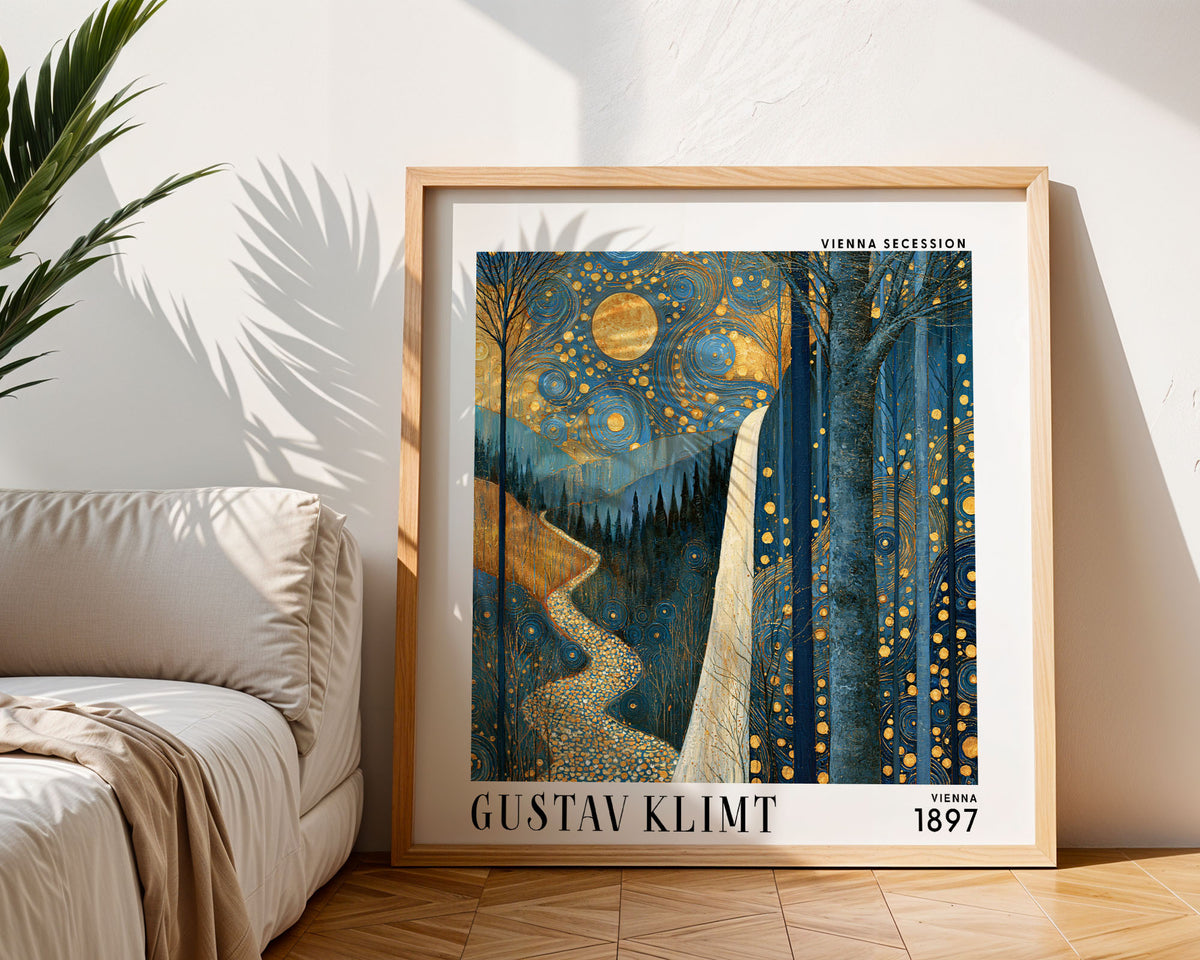 Gustav Klimt Style Moonlit Waterfall Print – Blue Gold Forest Square Art