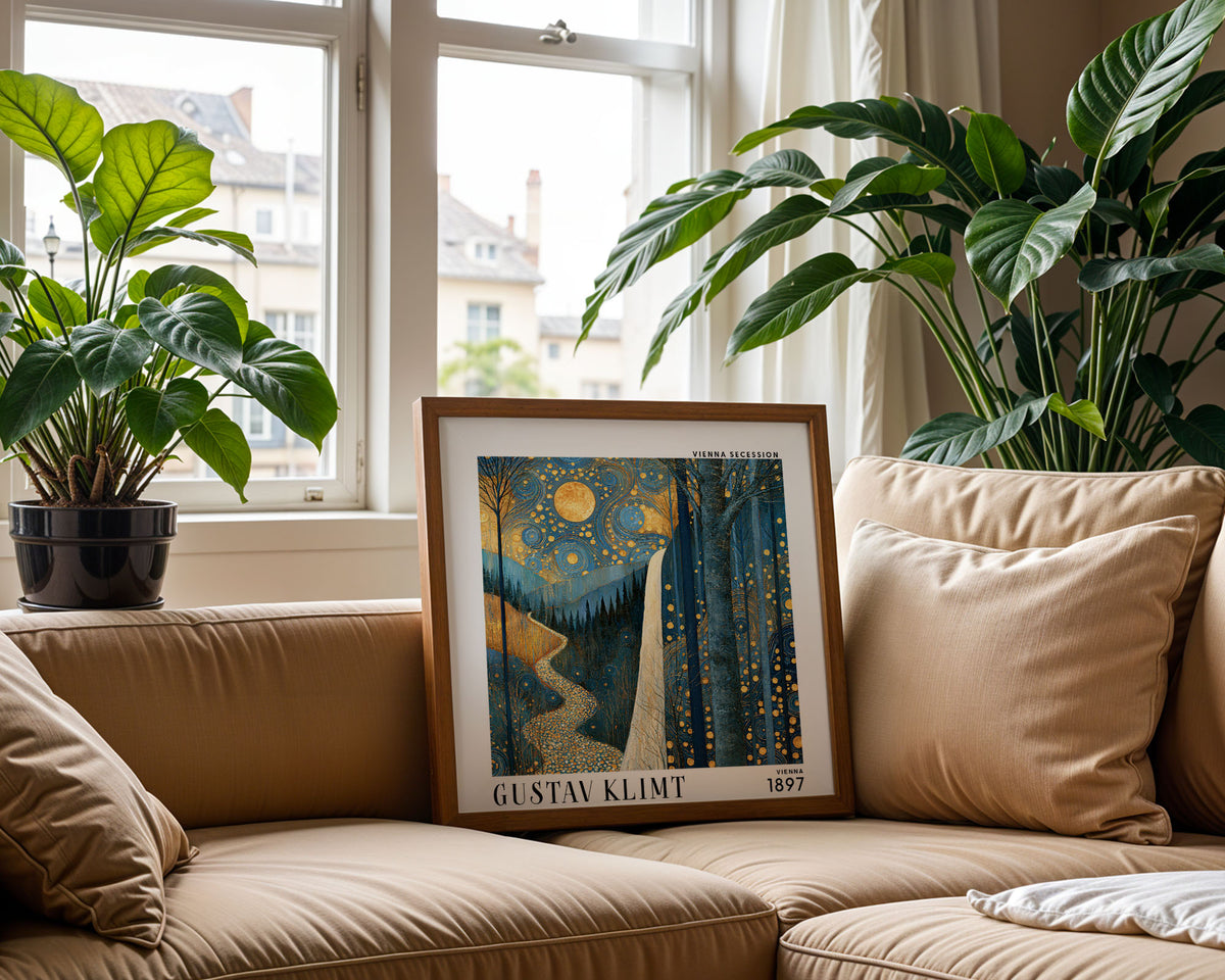 Gustav Klimt Style Moonlit Waterfall Print – Blue Gold Forest Square Art