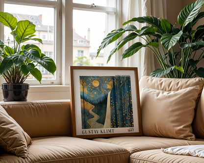 Gustav Klimt Style Moonlit Waterfall Print – Blue Gold Forest Square Art