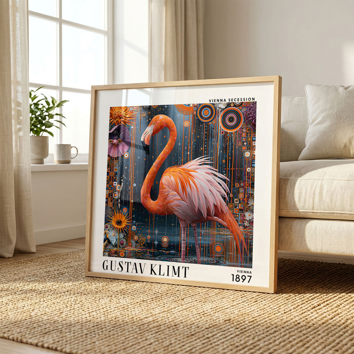 Gustav Klimt Style Flamingo Print – Pink Orange Art Nouveau Square Art