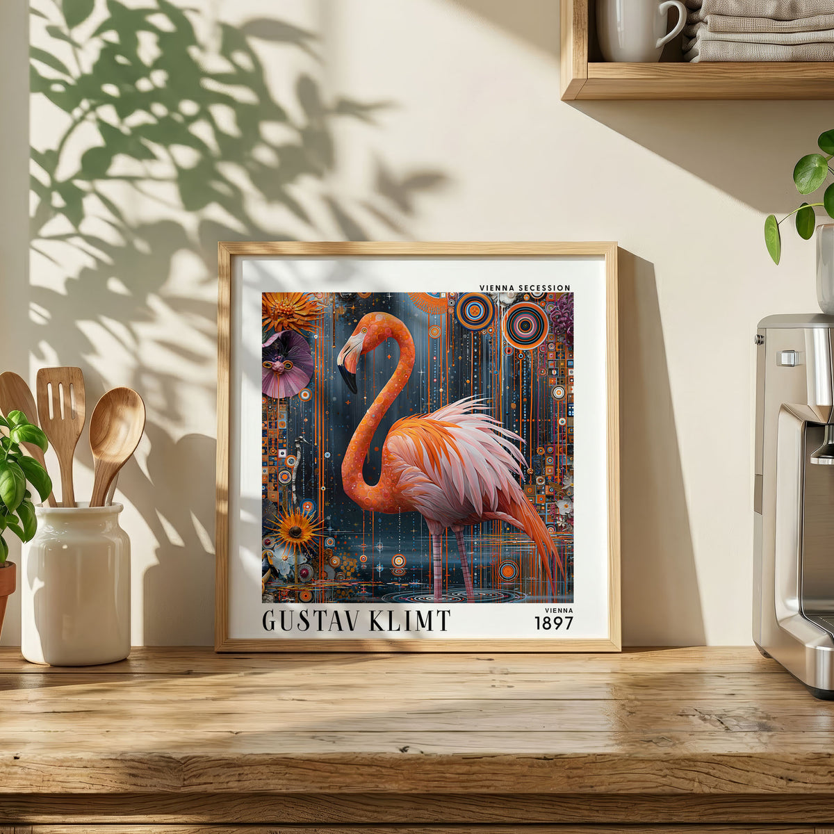 Gustav Klimt Style Flamingo Print – Pink Orange Art Nouveau Square Art
