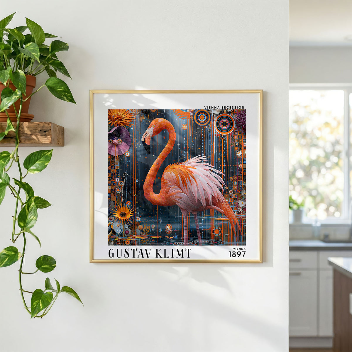Gustav Klimt Style Flamingo Print – Pink Orange Art Nouveau Square Art