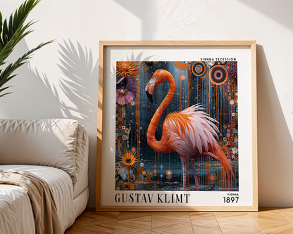 Gustav Klimt Style Flamingo Print – Pink Orange Art Nouveau Square Art