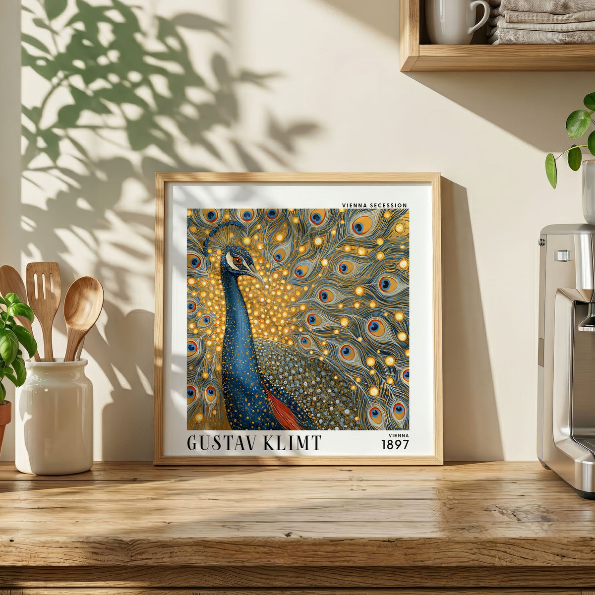 Gustav Klimt Style Peacock Print – Blue Gold Art Nouveau Square Art