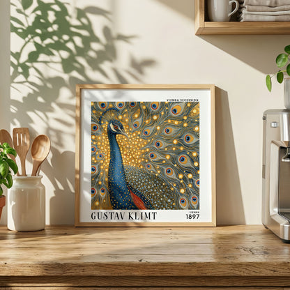 Gustav Klimt Style Peacock Print – Blue Gold Art Nouveau Square Art