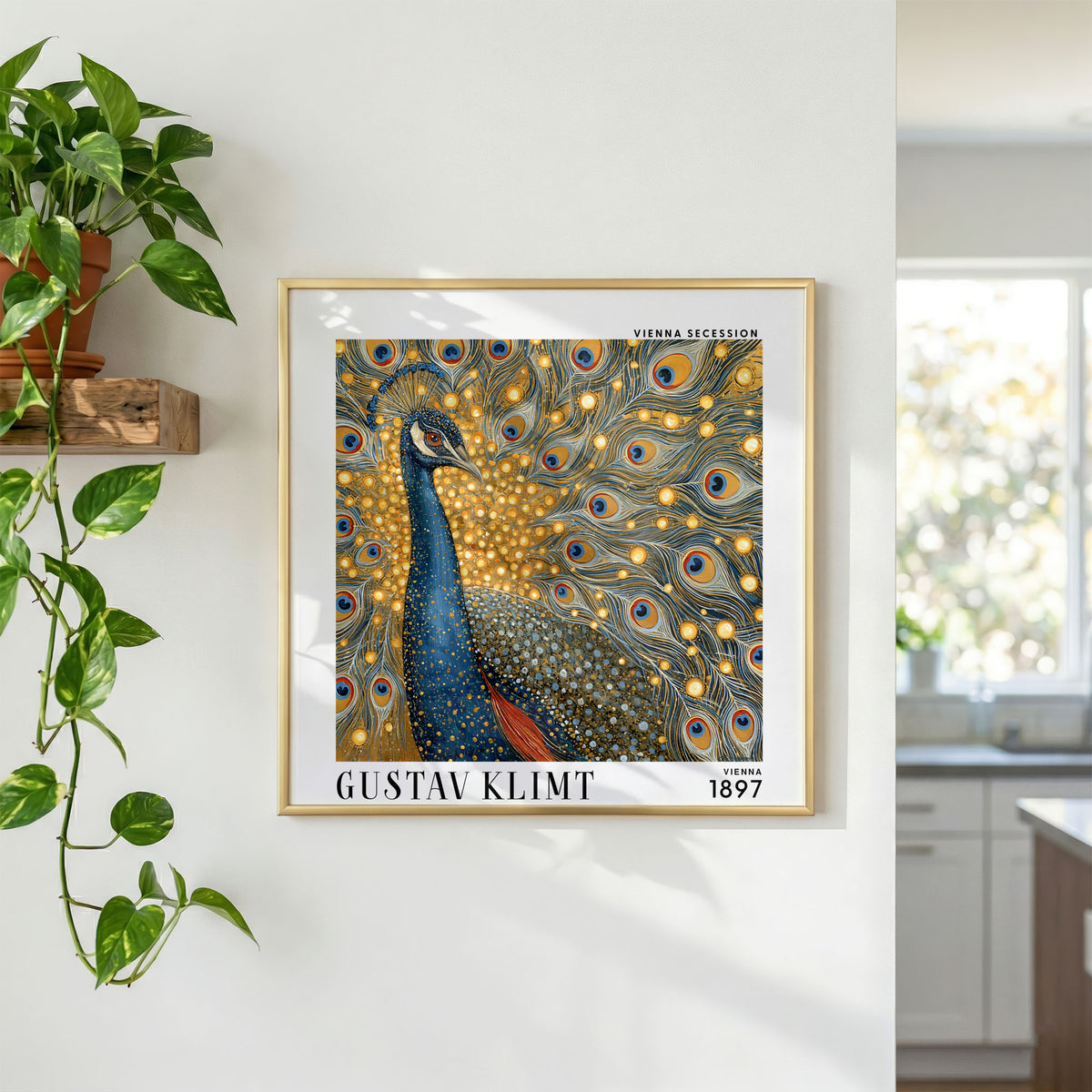 Gustav Klimt Style Peacock Print – Blue Gold Art Nouveau Square Art