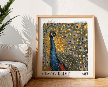 Gustav Klimt Style Peacock Print – Blue Gold Art Nouveau Square Art
