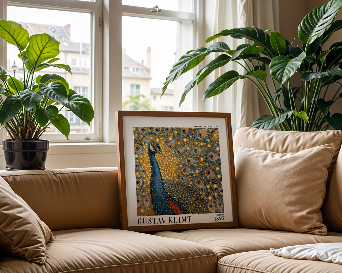 Gustav Klimt Style Peacock Print – Blue Gold Art Nouveau Square Art