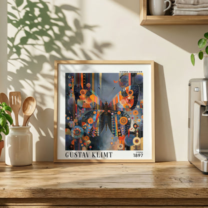 Gustav Klimt Style Butterfly Print – Orange Blue Mosaic Square Art