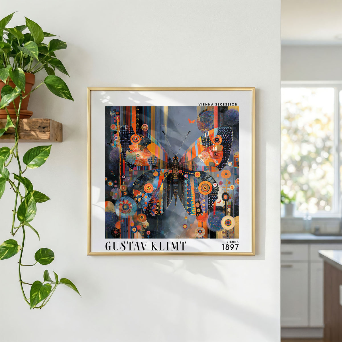 Gustav Klimt Style Butterfly Print – Orange Blue Mosaic Square Art