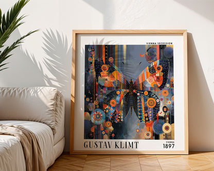 Gustav Klimt Style Butterfly Print – Orange Blue Mosaic Square Art