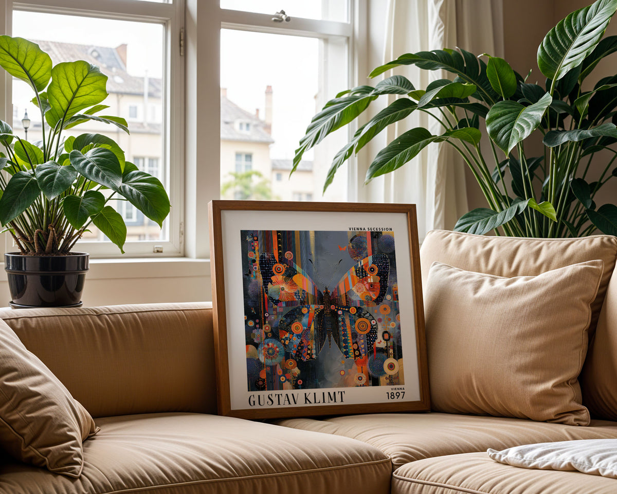 Gustav Klimt Style Butterfly Print – Orange Blue Mosaic Square Art
