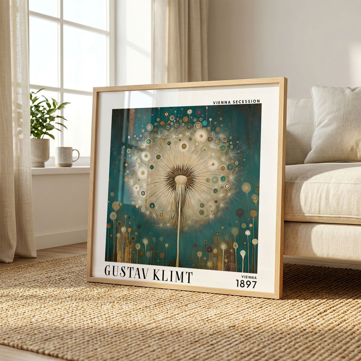 Gustav Klimt Style Dandelion Print – Teal Gold Botanical Square Art