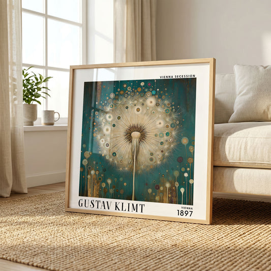 Gustav Klimt Style Dandelion Print – Teal Gold Botanical Square Art