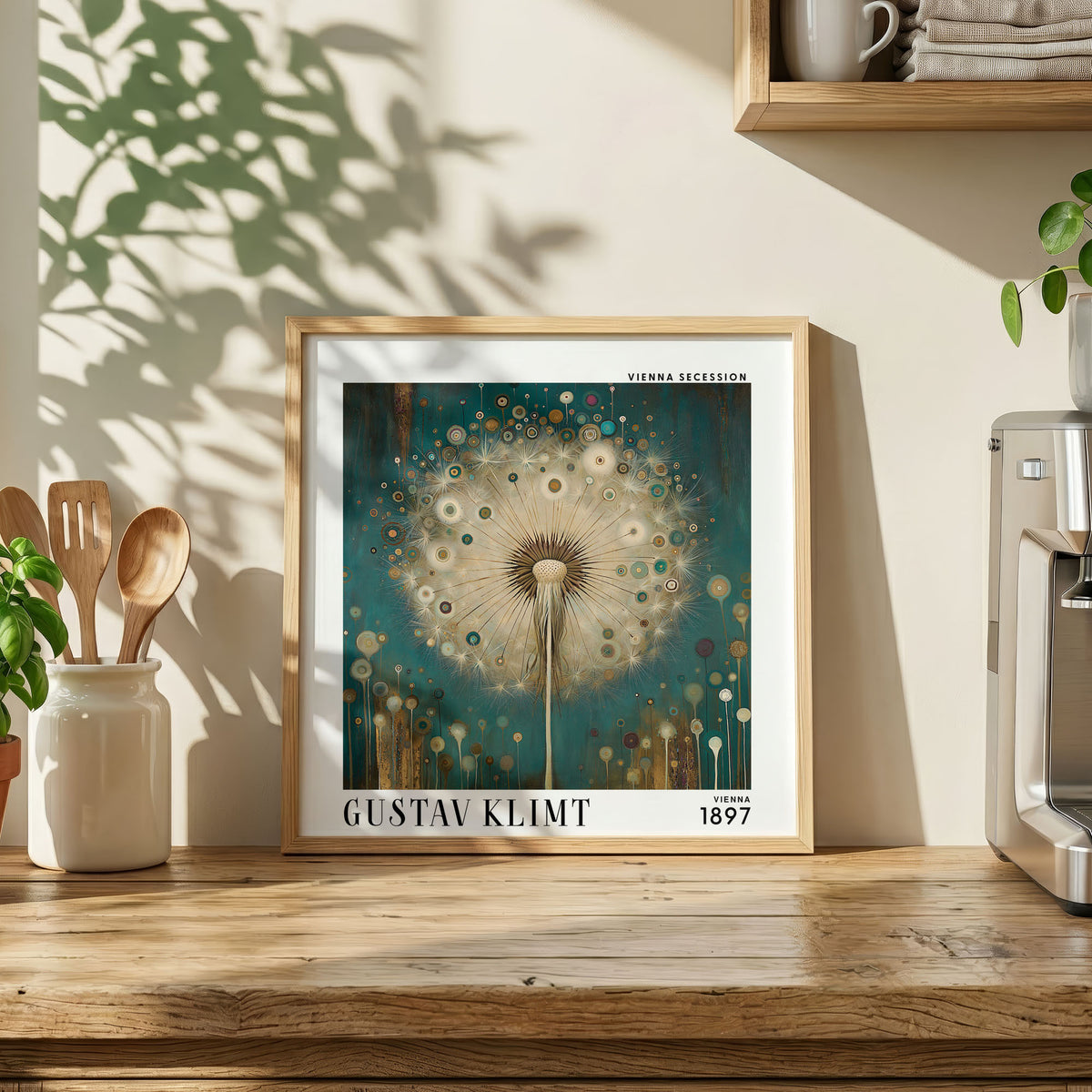 Gustav Klimt Style Dandelion Print – Teal Gold Botanical Square Art
