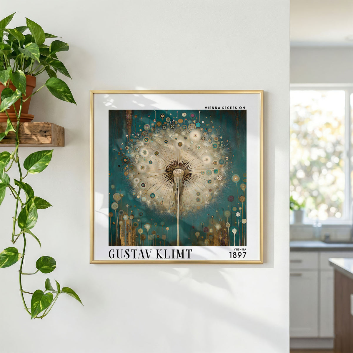 Gustav Klimt Style Dandelion Print – Teal Gold Botanical Square Art