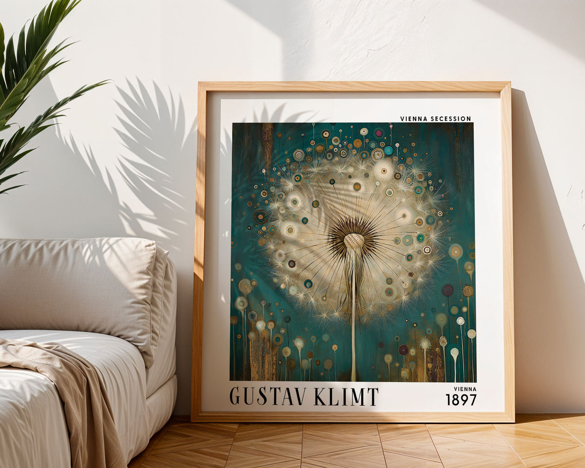 Gustav Klimt Style Dandelion Print – Teal Gold Botanical Square Art