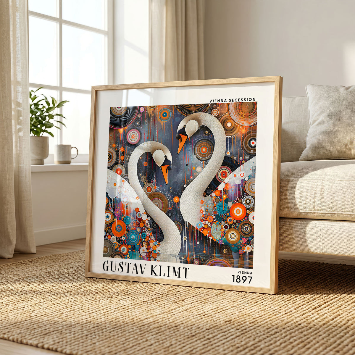 Gustav Klimt Style White Swans Print – Colourful Art Nouveau Square Art
