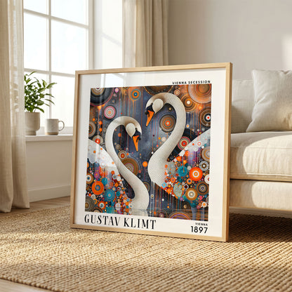 Gustav Klimt Style White Swans Print – Colourful Art Nouveau Square Art
