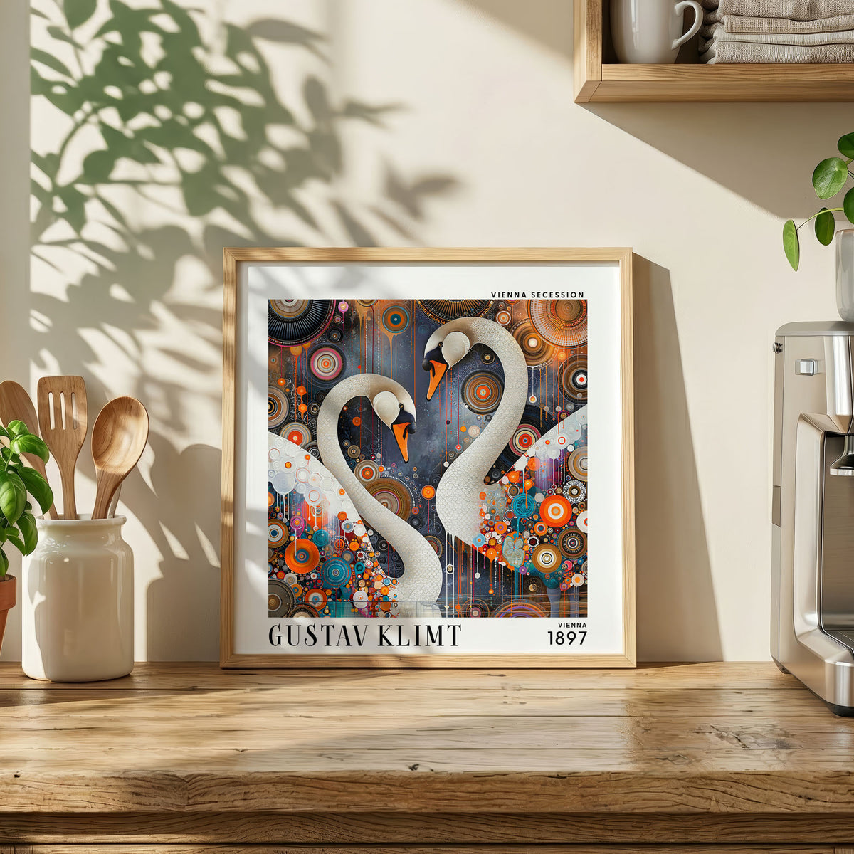 Gustav Klimt Style White Swans Print – Colourful Art Nouveau Square Art
