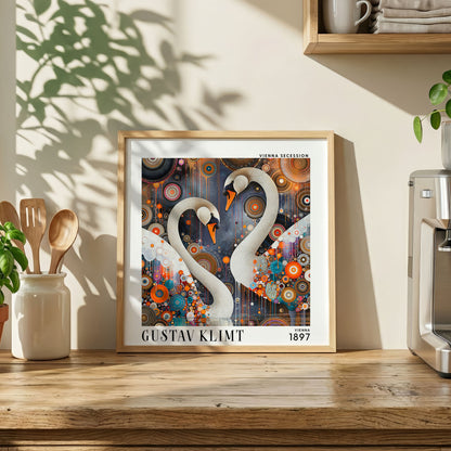 Gustav Klimt Style White Swans Print – Colourful Art Nouveau Square Art