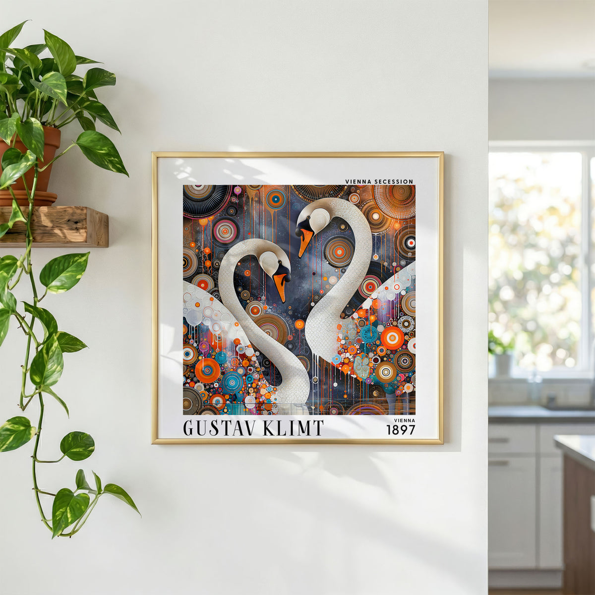 Gustav Klimt Style White Swans Print – Colourful Art Nouveau Square Art