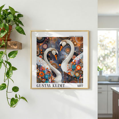 Gustav Klimt Style White Swans Print – Colourful Art Nouveau Square Art