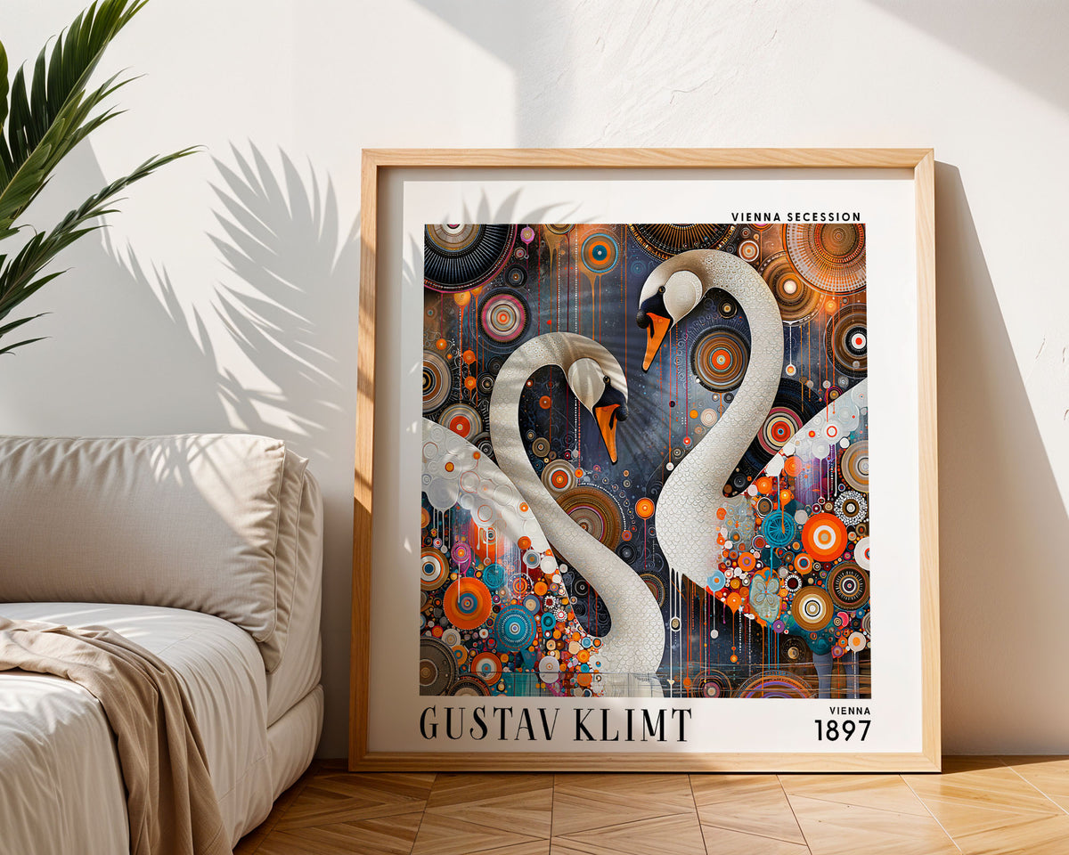 Gustav Klimt Style White Swans Print – Colourful Art Nouveau Square Art