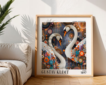 Gustav Klimt Style White Swans Print – Colourful Art Nouveau Square Art