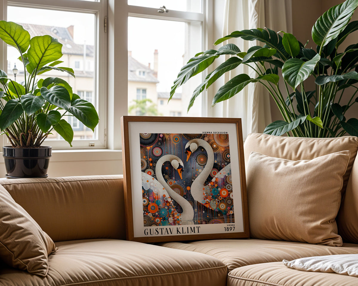 Gustav Klimt Style White Swans Print – Colourful Art Nouveau Square Art