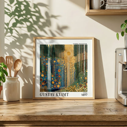Gustav Klimt Style Golden Forest Waterfall Print – Blue Green Square Art