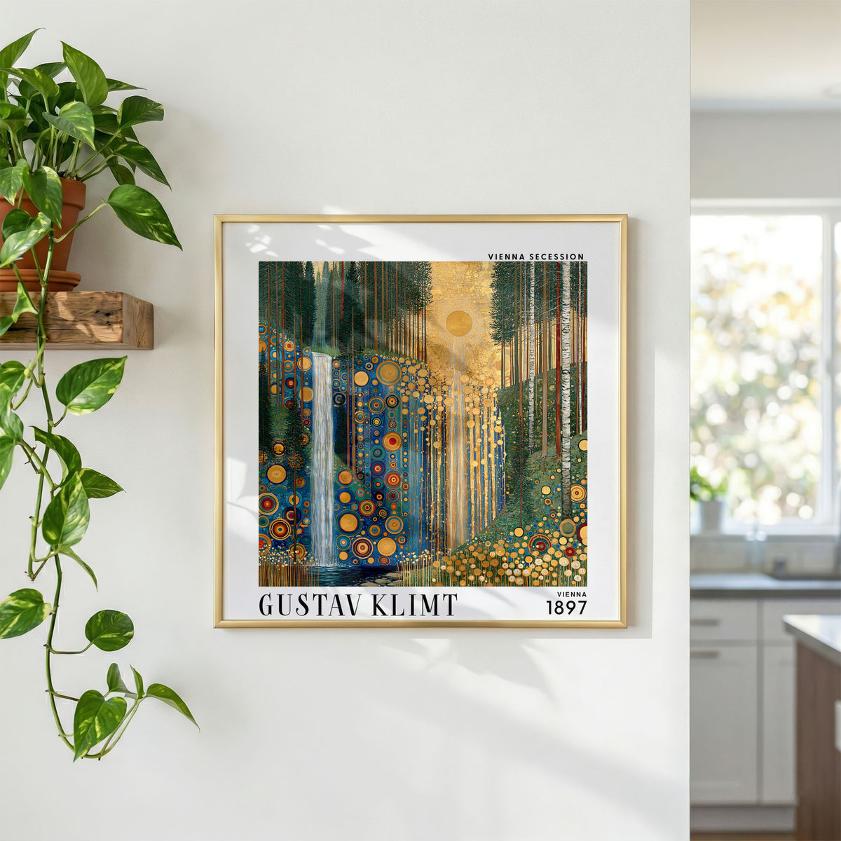 Gustav Klimt Style Golden Forest Waterfall Print – Blue Green Square Art