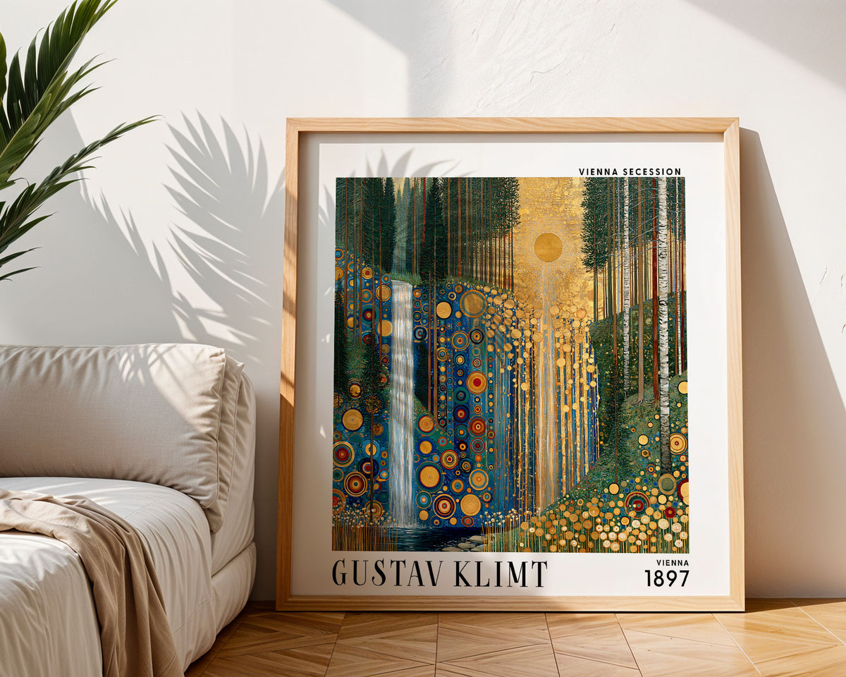 Gustav Klimt Style Golden Forest Waterfall Print – Blue Green Square Art