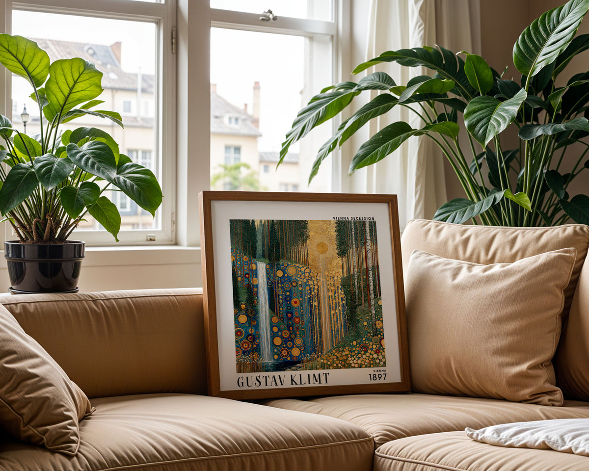 Gustav Klimt Style Golden Forest Waterfall Print – Blue Green Square Art