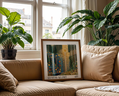 Gustav Klimt Style Golden Forest Waterfall Print – Blue Green Square Art