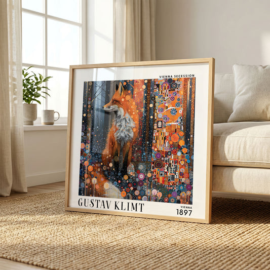 Gustav Klimt Style Fox Print – Orange Blue Art Nouveau Square Art