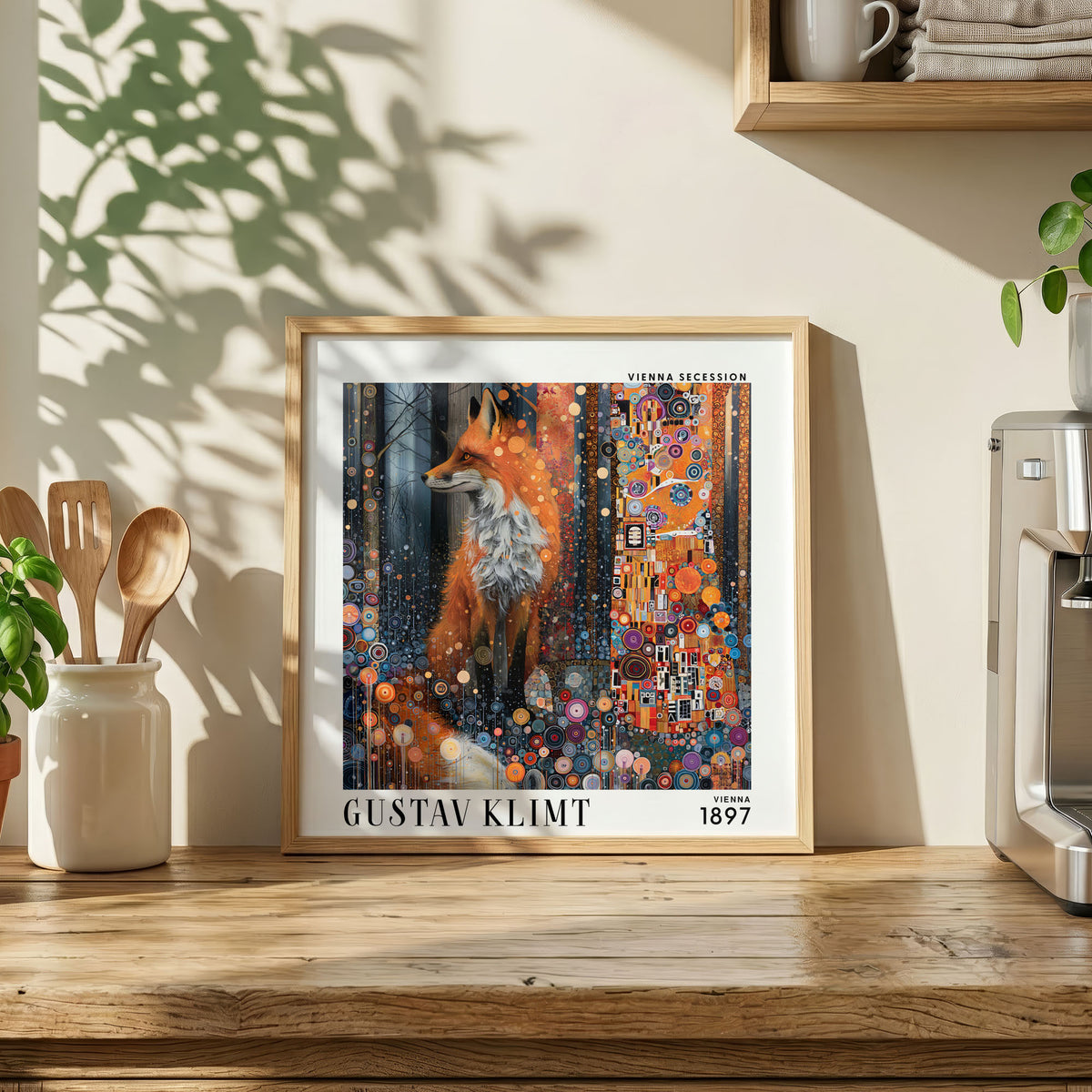 Gustav Klimt Style Fox Print – Orange Blue Art Nouveau Square Art