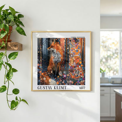 Gustav Klimt Style Fox Print – Orange Blue Art Nouveau Square Art