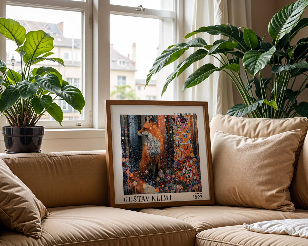Gustav Klimt Style Fox Print – Orange Blue Art Nouveau Square Art