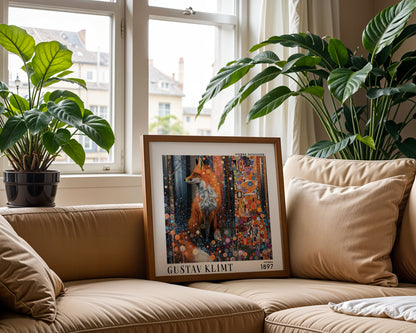 Gustav Klimt Style Fox Print – Orange Blue Art Nouveau Square Art