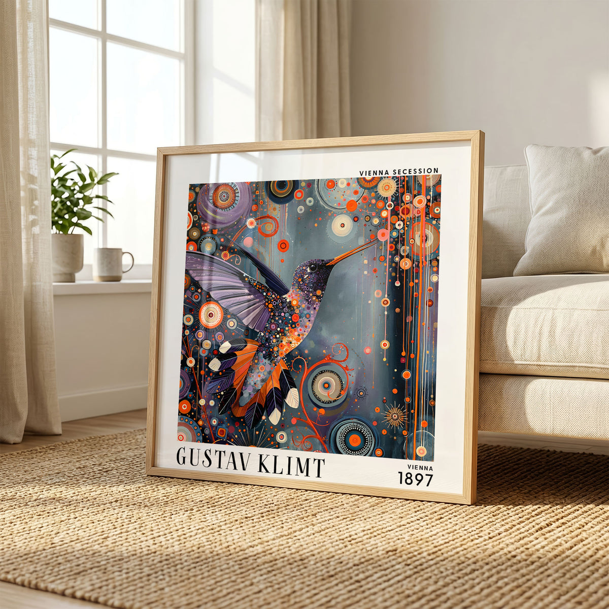 Gustav Klimt Style Hummingbird Mosaic Print – Orange Purple Square Art