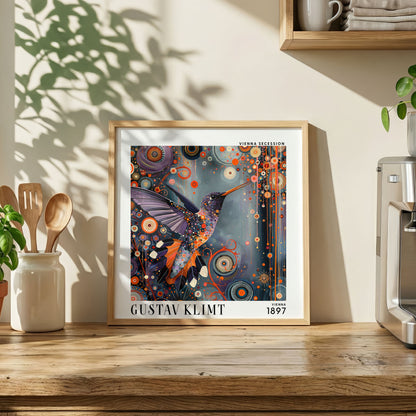 Gustav Klimt Style Hummingbird Mosaic Print – Orange Purple Square Art